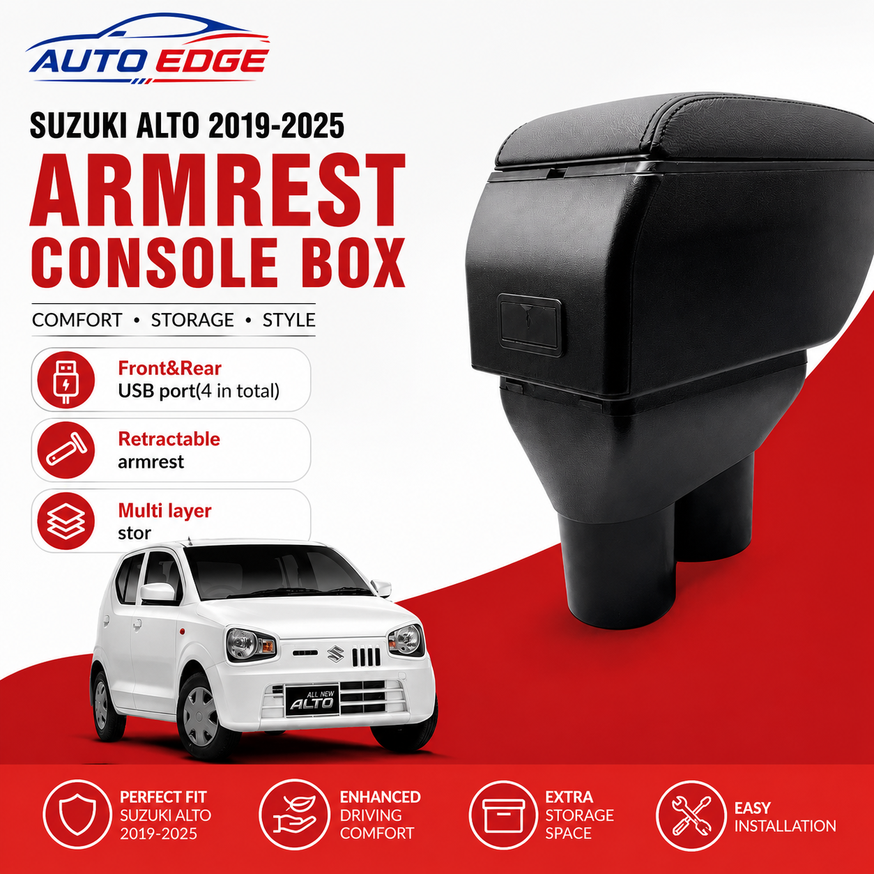 Sogo Suzuki Alto 2015-2026 Leather Armrest Console With Usb 4 Ports